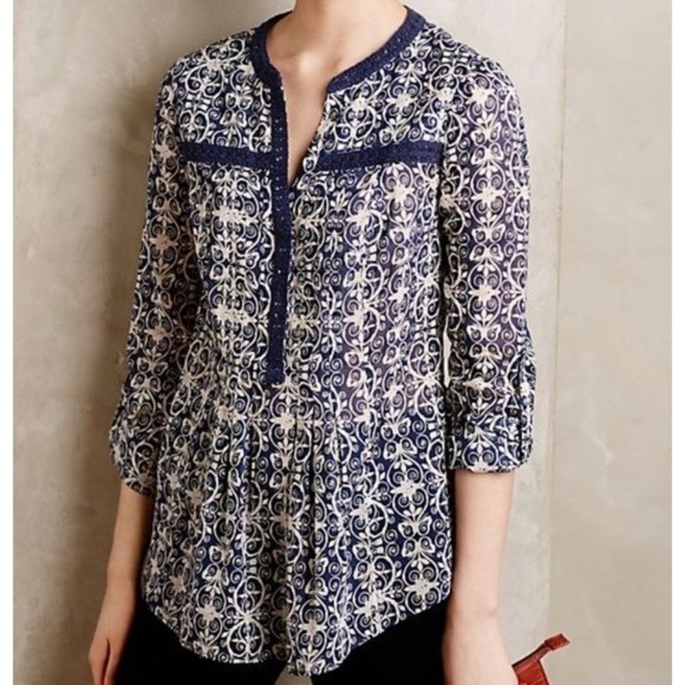 Maeve Anthropologie Abella Pintuck Blue Architectural Print Cotton Blouse Sz 6